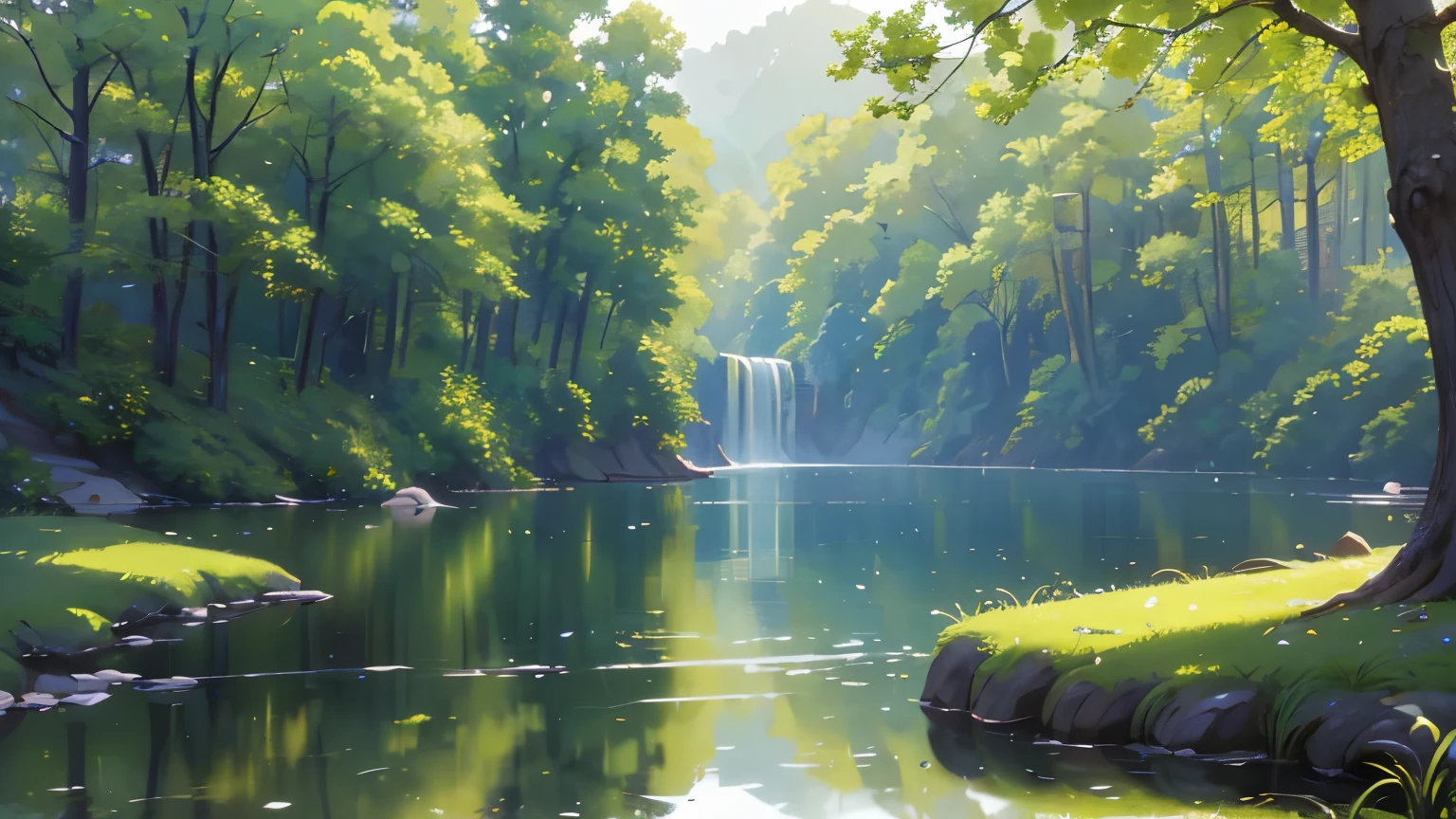 (highest quality、High resolution、masterpiece)、(Anime Art 4k)、(Photorealistic)、((Beautiful landscape photography))、((There is no one))、Cinema Lighting、Ray Tracing、Soft Light、Lush、forest、lake、stream、large tree brancheajestic panorama、(Sargent-style watercolor)、(Edmund Leighton Style)、