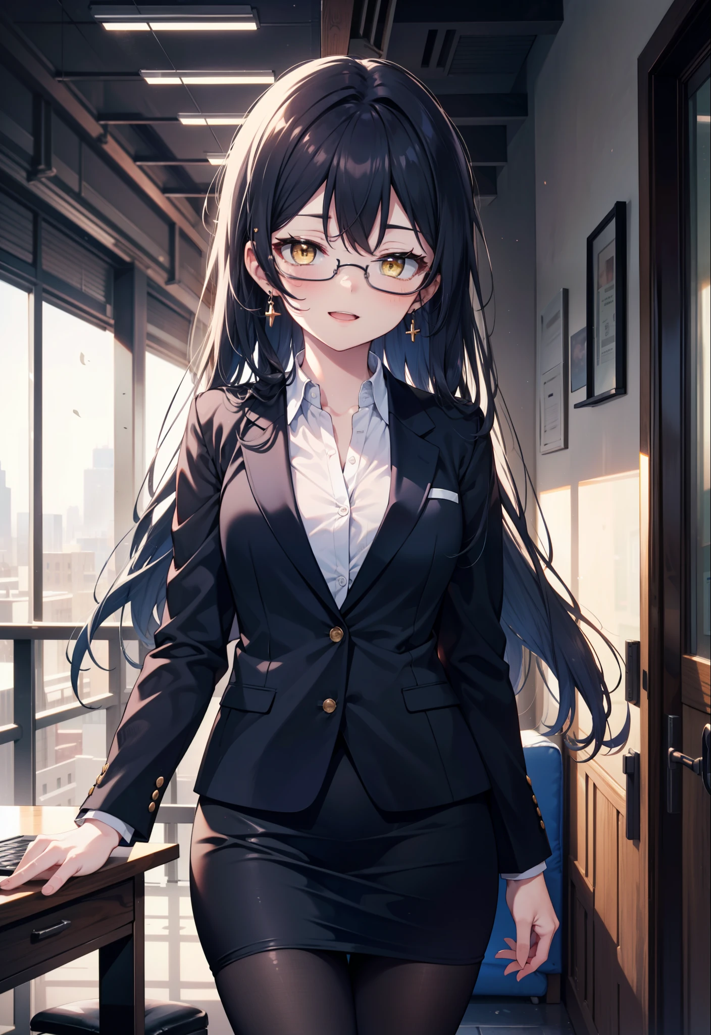 You are very kind, umi sonoda, Long Hair, Blue Hair, (Yellow Eyes:1.5) (Flat Chest:1.2),happy smile, smile, Open your mouth,OL, Akagi glasses, black suit jacket, Collared jacket, White dress shirt, Collared shirt, Neckline, button, Black pencil skirt, Black Pantyhose,Stiletto heels,sit cross-legged on a chair,interior,There is a computer on the table,touch typing,It&#39;s as if your whole body is in the illustration., break outdoors,city,Area,シティストリート break looking at viewer, (Cowboy Shot:1.5), break (masterpiece:1.2), highest quality, High resolution, unity 8k wallpaper, (shape:0.8), (Beautiful details:1.6), Highly detailed face, Perfect lighting, Highly detailed CG, (Perfect hands, Perfect Anatomy),