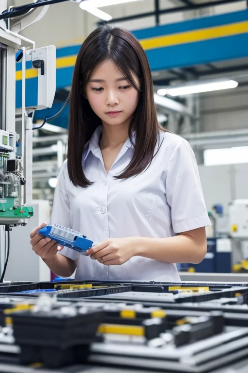 A woman in work clothes inspecting semiconductor chips in a clean factory