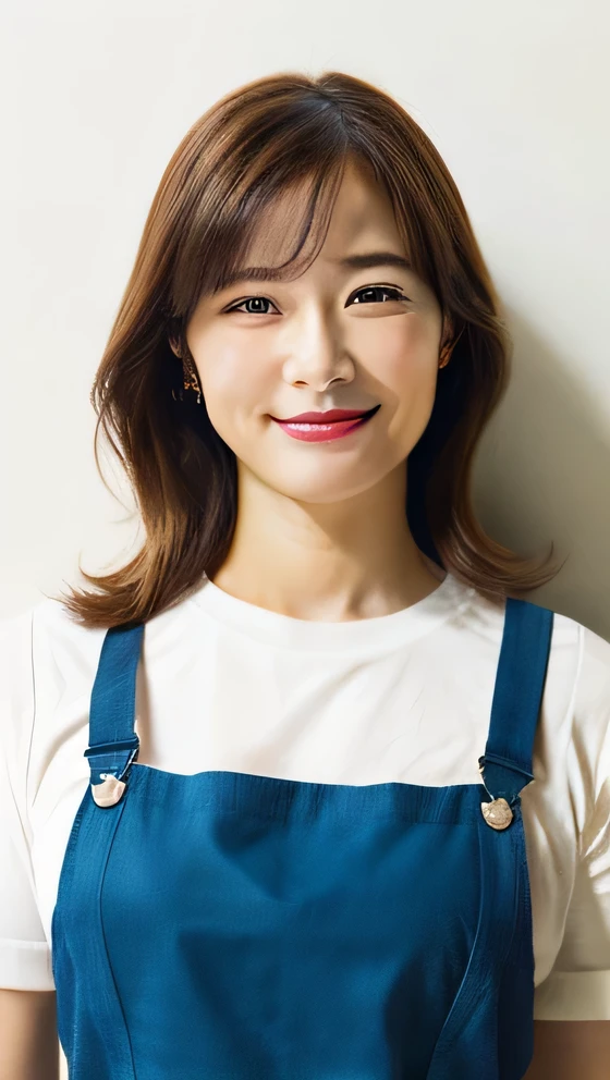 Photograph the whole body from head to toe A 45-year-old Japanese woman standing facing forward wearing black bottoms Semi-long brown hair whole body Has a slightly plump figure She is cooking in an apron with the kitchen in the background woman 45 years old semi-long、((brown hair)、semi-long beautiful hair shiny hair Japan( sharpen ), (She is wearing a neat apron over a white T-shirt),(The background is a typical Japanese kitchen.) (Purelos Face_v1:0.7), (8K, highest quality), unconscious, Open Eyes,High resolution, original, (Flat Color:0.9),(Colorful:1.1),(masterpiece:1,2), highest quality, masterpiece, High resolution, original, Viewer Perspective, alone, Portrait, Mature Woman Body Set, A slight smile,Natural wrinkles, Wrinkles around the eyes, Surreal, Natural Skin, Natural Hair Color, Bright red lips whole body像