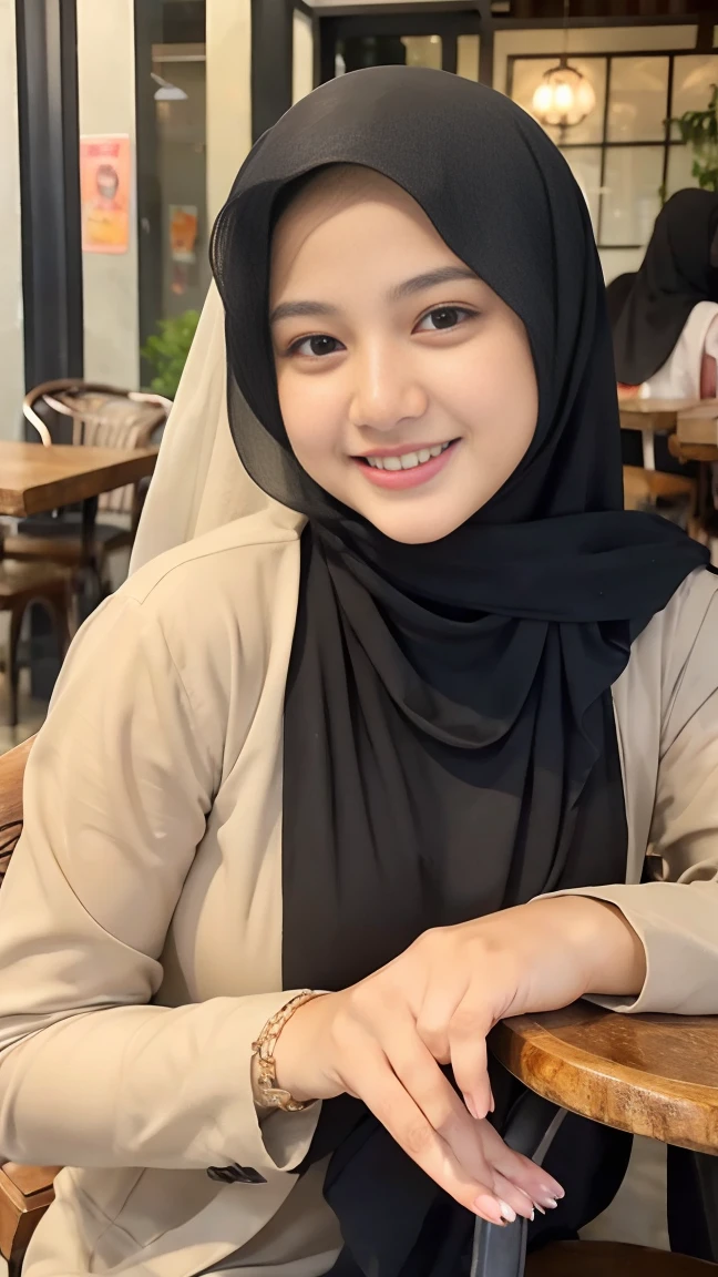 Selfie taken, See full body, luxury details, 8k, natural, realistic, amazing shots, ULTRA HD,
1 girl, 18 years old, smooth white face, white skin, smailing, neat white teeth, big breasts, wearing a long white hijab covering the body, with decorations on the hijab, Muslim clothes for worship, beautiful face, beautiful black face, cute, curly eyelashes, beautiful eyes , sweet smile, sitting on the cafe chairs, Indonesian Muslim, realistic, atmosphere in the out door, in the cafe,