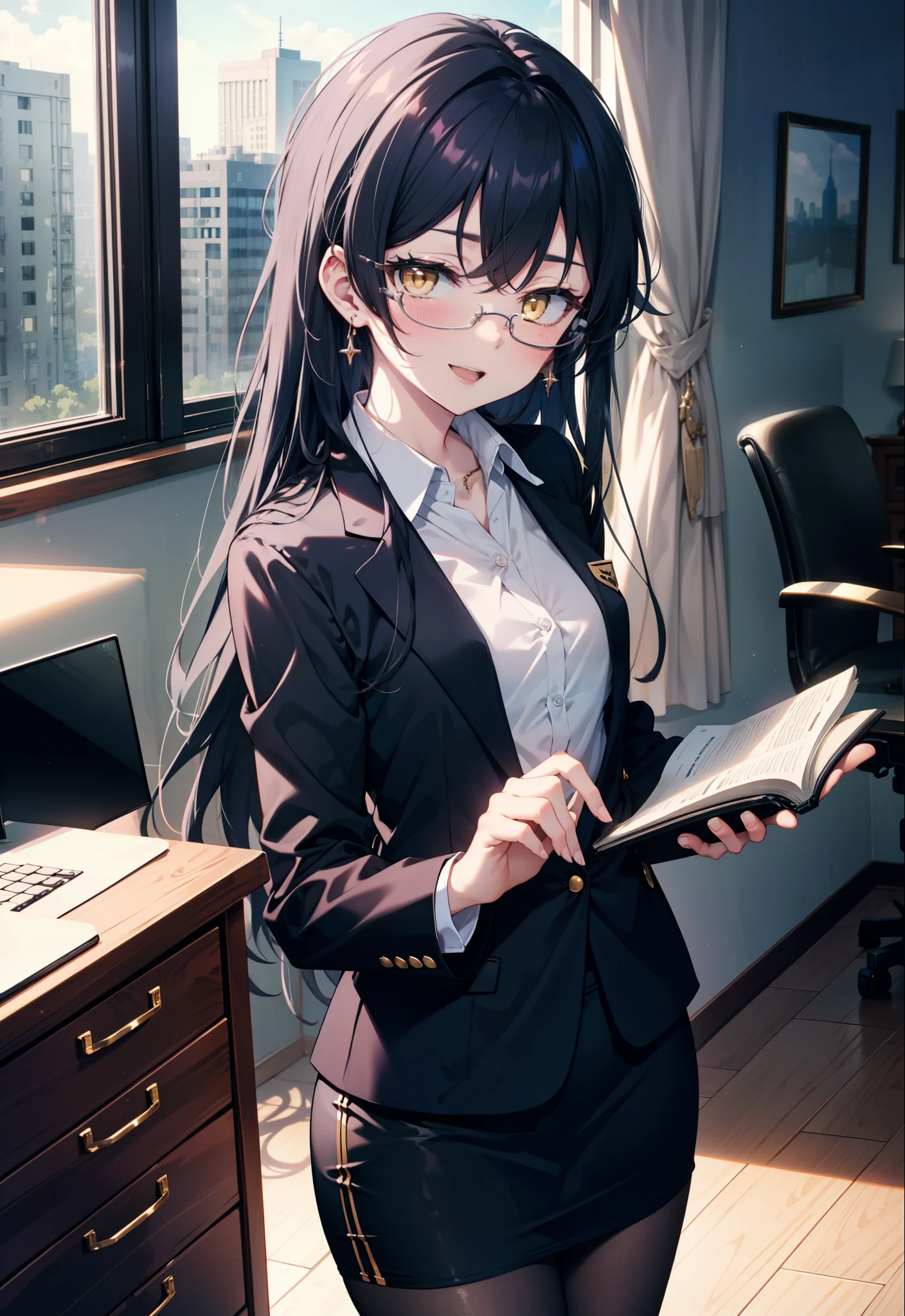 You are very kind, umi sonoda, Long Hair, Blue Hair, (Yellow Eyes:1.5) (Flat Chest:1.2),happy smile, smile, Open your mouth,OL, Akagi glasses, black suit jacket, Collared jacket, White dress shirt, Collared shirt, Neckline, button, Black pencil skirt, Black Pantyhose,Stiletto heels,sitting cross-legged on a chair,interior,There is a computer on the table,touch typing,It&#39;s as if your whole body is in the illustration., break outdoors,city,Area,シティストリート break looking at viewer, (Cowboy Shot:1.5), break (masterpiece:1.2), highest quality, High resolution, unity 8k wallpaper, (shape:0.8), (Beautiful details:1.6), Highly detailed face, Perfect lighting, Highly detailed CG, (Perfect hands, Perfect Anatomy),