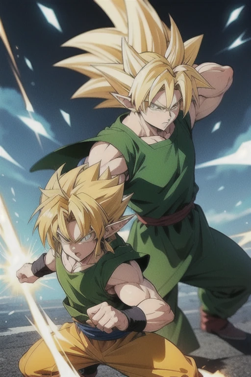 super Saiyan Link, wearing his green tunic,