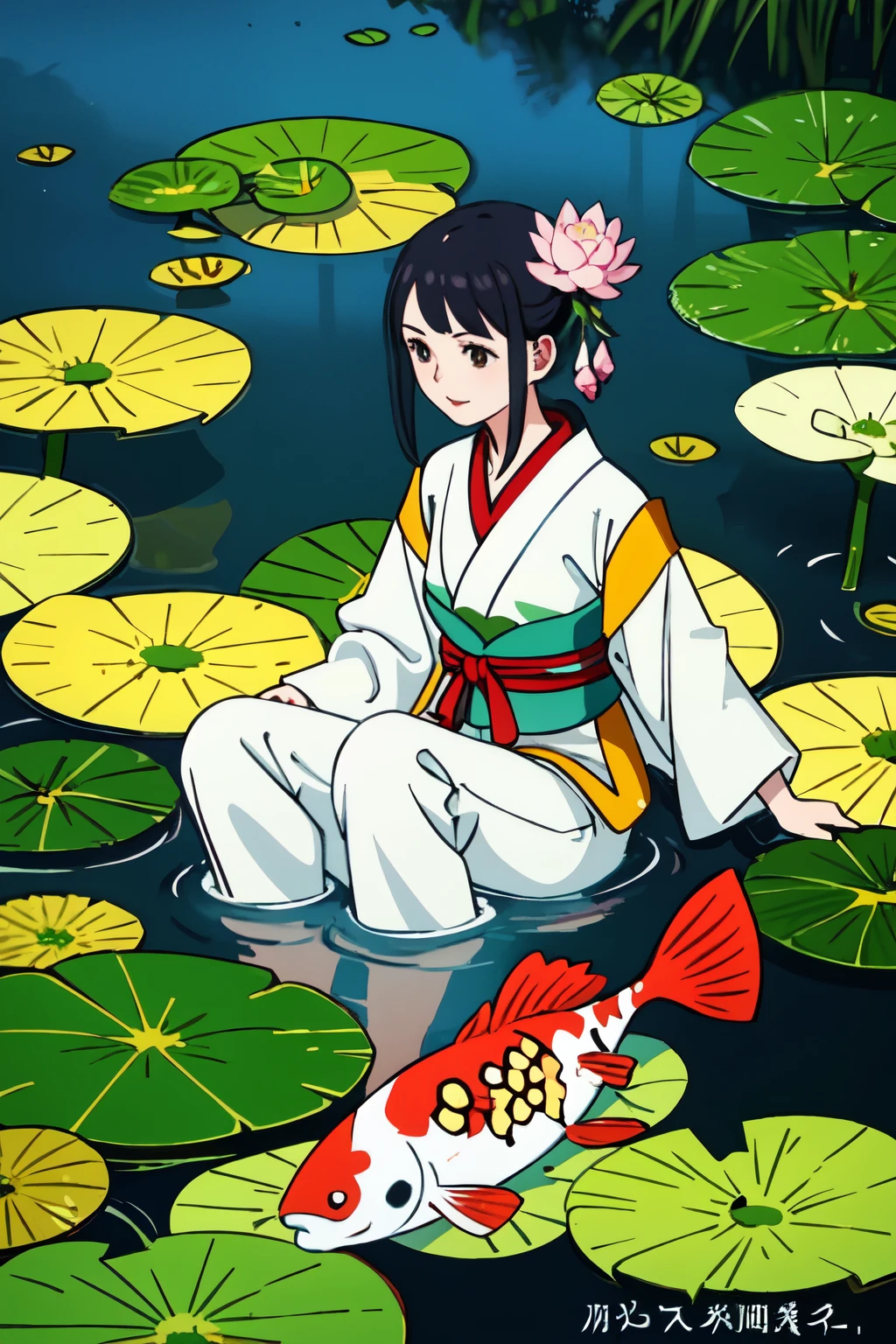 summer,Lotus Leaf,Lotus,Lotus Pond,Koi carp swimming in water,A girl in Hanfu is picking lotus pods