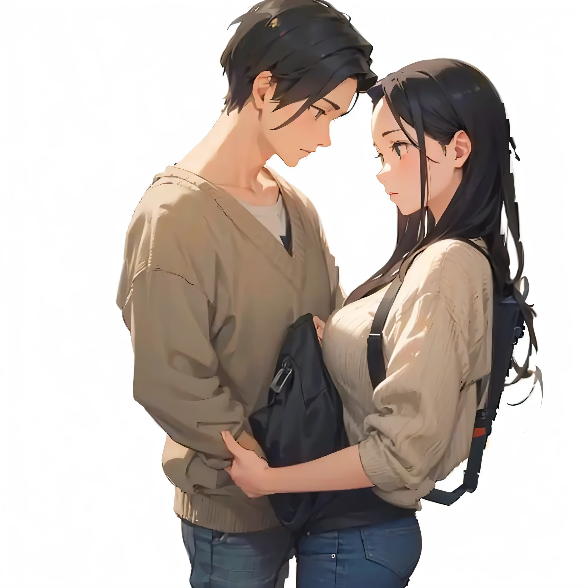 anime couple hugging each other with a backpack on their back, guweiz and makoto shinkai, couple pose, sakimichan and makoto shinkai, artwork in the style of guweiz, made with anime painter studio, makoto shinkai and tom bagshaw, guweiz, fiona staples and makoto shinkai