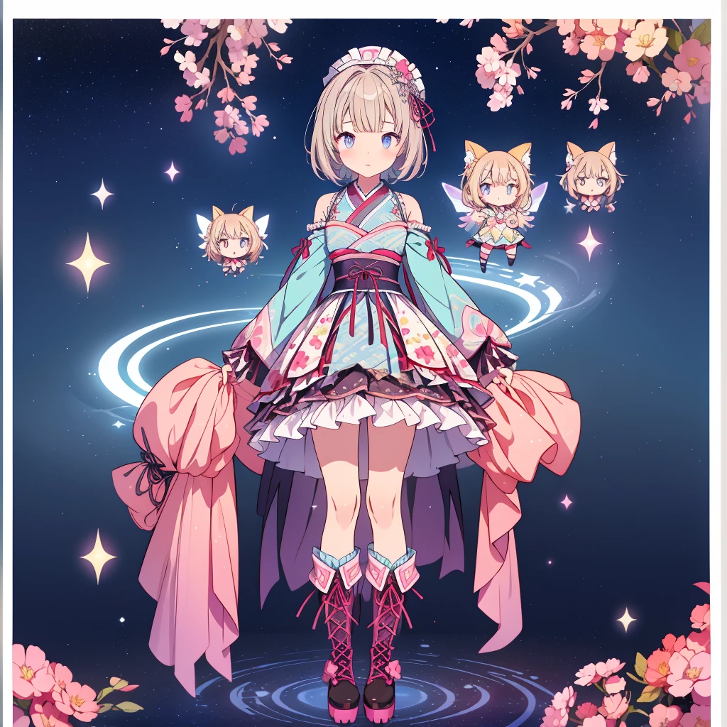 1girl、Lower Body Shot、Focus on boots、vtuber-halfbody、Star Fairy、「A beautifully printed galaxy patterned kimono and gothic lolita outfit.、Space pattern box pleated mini skirt with ruffles、Front view portrait、Knee-high boots、Captivating eyes、Perfect and stunning face、Exquisite details、Clear images、highest quality。」short hair、