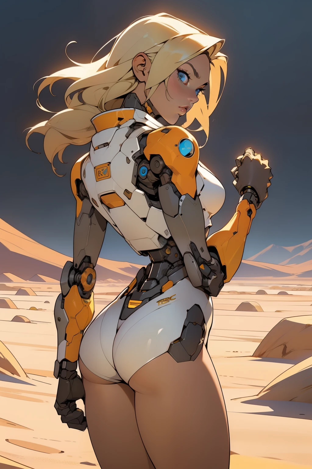 high quality, 4k, masterpiece, beautiful, cyborg girl, cowboy shot, blue eyes, back side, turning around to look at viewer, long blonde hair, girl, small breasts, fit thighs, robotic arms, robotic body, cyborg body, white & yellow uniform, orange accent, intricate detail, joint, detailed lines, robotic detail, holding fist up, holding hand up as fist, color robotic parts, robotic parts with color, perfect fingers, on a desert planet, sunny background, colorful desert, a river or a lake in the background, slender thighs, skinny thighs,