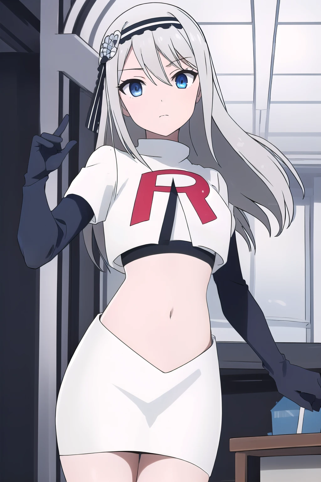 ((best quality)),((highly detailed)),masterpiece,absurdres,detailed face,beautiful face,(detailed eyes, deep eyes),(1girl),((dynamic pose)),Kei, 1girl, blue eyes, long hair, hair between eyes, grey hair, bangs, black hairband,  team rocket,team rocket uniform,white skirt,red letter R,crop top,black thigh-highs,black elbow gloves