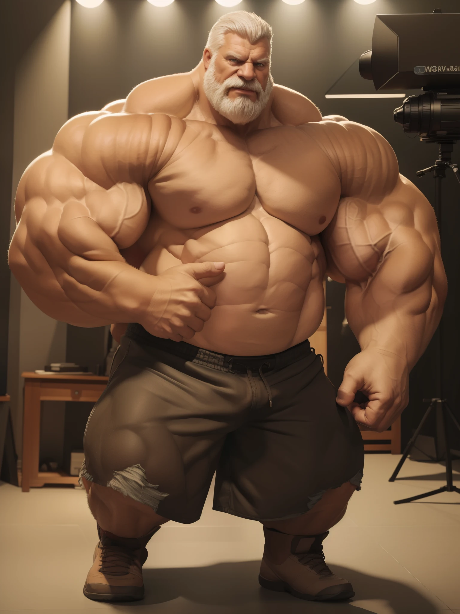 full shots, ground level camera shot, (best quality,4k,8k,highres,masterpiece:1.2),ultra-detailed,(realistic,photorealistic,photo-realistic:1.37),((massive muscular)) ((huge Muscular)) old man standing in photo studio, simple background, shorts , white hair, super thick arms, super big pectoral, super wide pectoral, topless, shirtless.