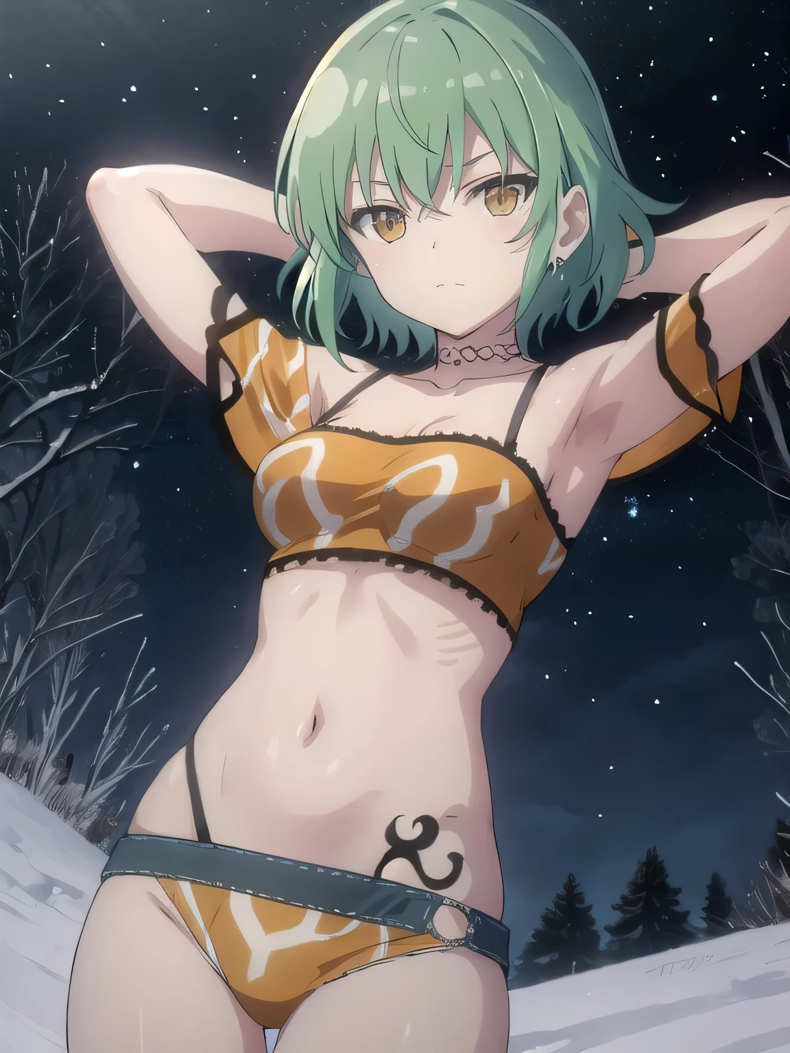 solo, 1girl, hikage, crop top, tattoo, off shoulder, looking at viewer, best quality, v-eyebrows, solo, night sky, forest, arms behind head, short hair, contrapposto, spread armpits, closed mouth, expressionless, (cowboy shot:1.5),