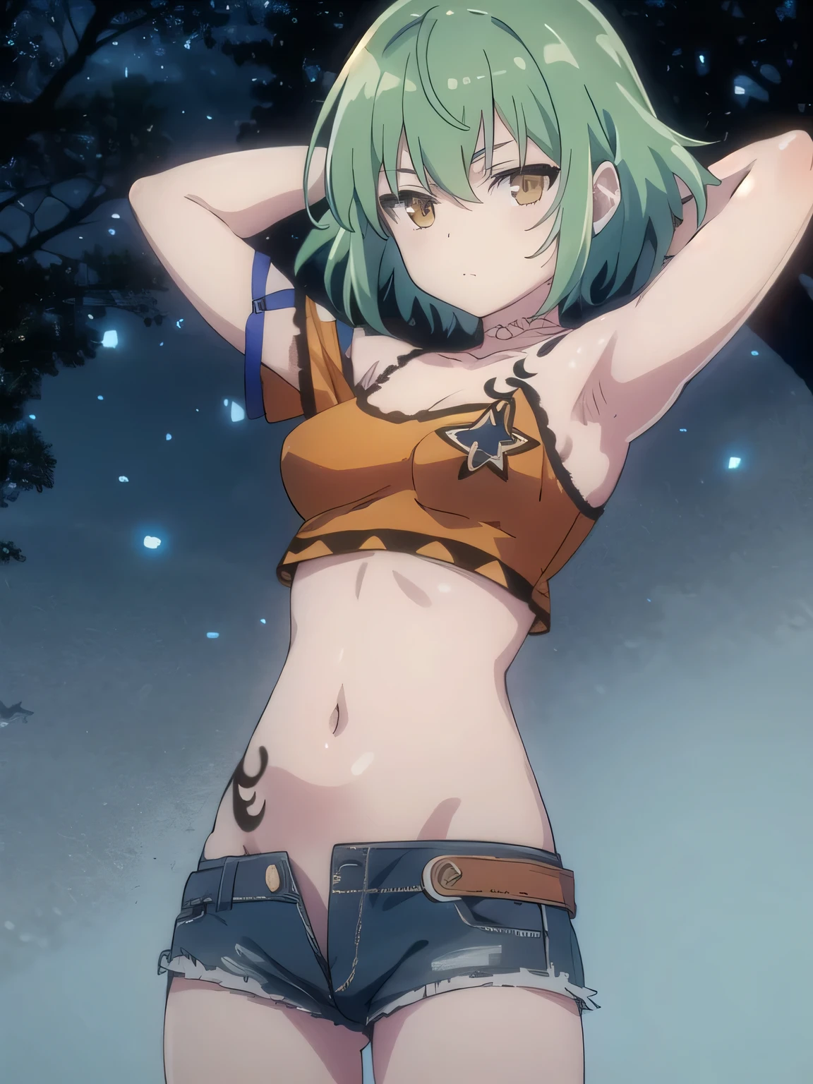  solo, 1girl, hikage, crop top, tattoo, off shoulder, looking at viewer, best quality, v-eyebrows, solo, night sky, forest, arms behind head, short hair, contrapposto, spread armpits, closed mouth, expressionless, (cowboy shot:1.5),