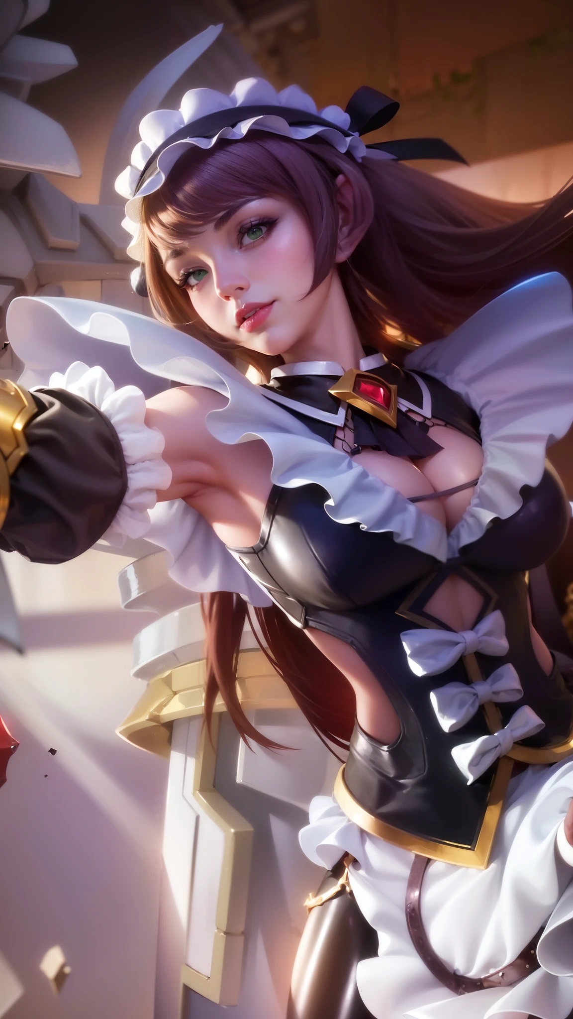 (female:1.2), 8k, ultra hd, ultra detailed texture, hyper realistic, masterpiece, detailed texture, detailed face, detailed skin, detailed lighting, (photorealistic:1.5), best quality, beautiful lighting, cinematic lighting, professional lighting, ultra highres, realistic, detailed hair, real hair, high quality, (realskin:1.5), extremely detailed, finely detail, ultra-detailed, 1girl, solo, elf, pointy ears, standing, demon horns, forehead protector, (green eyes:1.5), v-shapped eyebrow, lips, red lips, evil smile, nose, make up, pretty, beautiful, long hair, black hair, high ponytail, large breasts, cleavage, armpit, navel, stomach, black armor, pauldrons, bare shoulders, shoulder armor, thigh high, sleevless, detached sleeves, breastplate, gauntlets, karina \(mobile legends\), depth of field, looking aways, white skin, skin tight, amazing pose, outdoors, glowing, dark view
