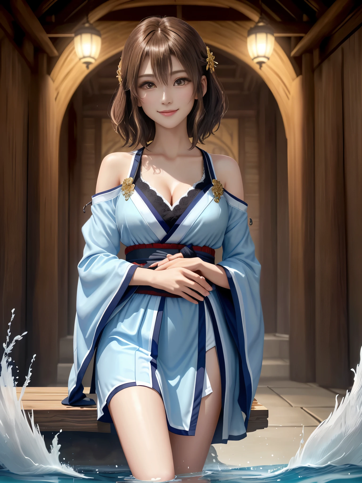 masterpiece , best quality,smile,smile,Small face,Exposed shoulders,Golden kimono,A little cleavage exposure,Double Eyes,Beauty,Beauty,beautiful girl,Stand firmly on both feet,Charm,Adult,lure,Big eyes,Light brown hair,Mysterious世界,Water God殿,,Water God,Water World,Mythical God,水色のMysterious雰囲気,Water sources surround the area,水色のMysterious背景,Gorgeously curled hair,Slim figure,Brown eyes,Faithfully reproduced contrast,Short Hair,Beautiful short hair,Berry Short,Short Hair,Just One,Precision quality,A faithful reproduction of the human eye,水色のMysterious雰囲気,水色のMysterious背景,Beautiful details, colorful, Subtle details, Delicate lips, Intricate details, Genuine, ultrarGenuineista, Mature, Wide-open eyes, raposa de Beautiful digital art,Shrine maiden,Exquisite digital illustration, mizutsune,Pixiv Digital Art, Shining Light, High Contrast, Mysterious,Take center,View your viewers
