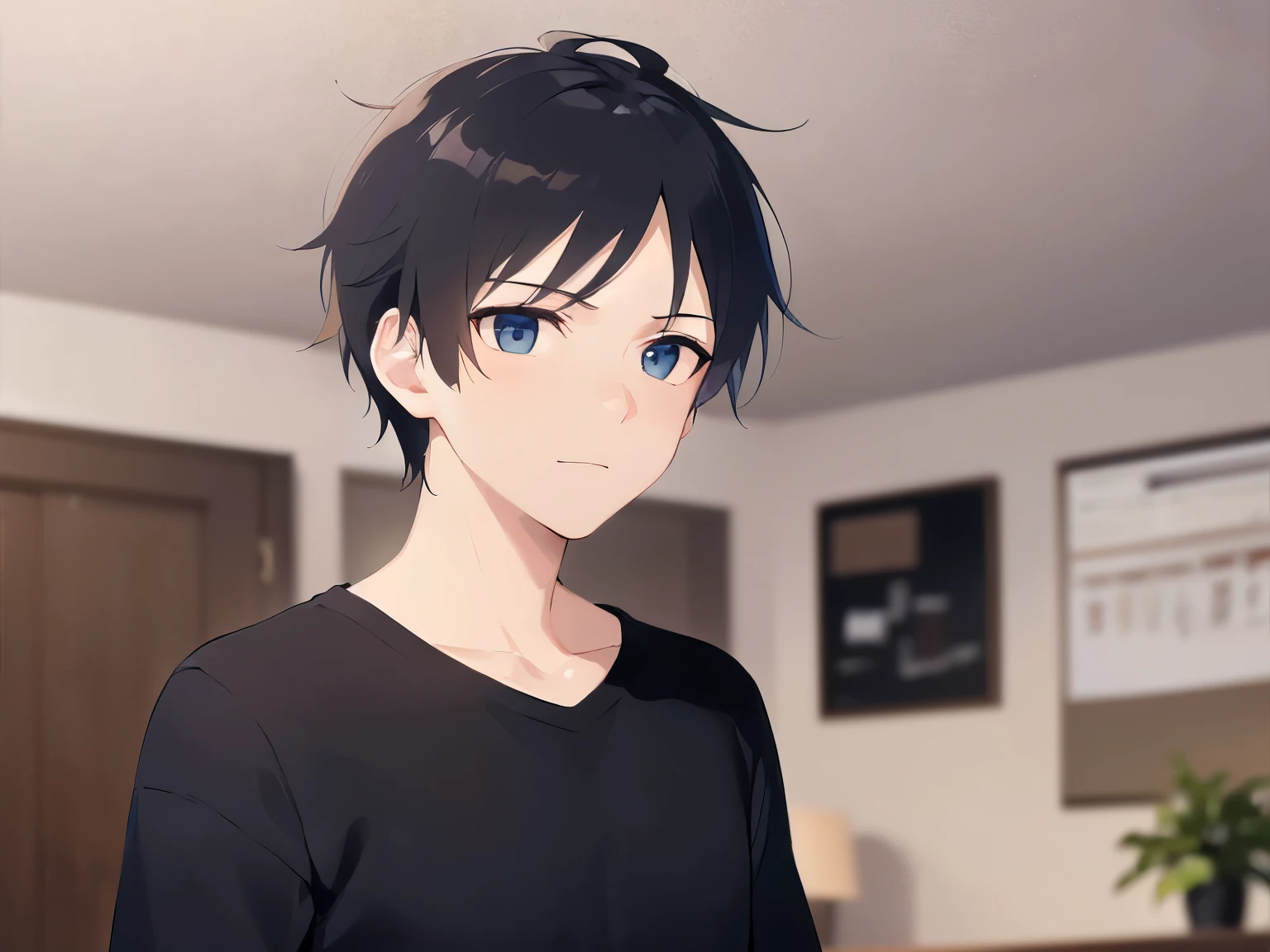 (looking away:1.5), side angle, masterpiece、highest quality、(25-year-old male:1.5) and (Black short hair) and (blue eyes), White T-shirt、Are standing、Confused expression、smile, The background is the living room at night、illumination、(Alone:1.5)、