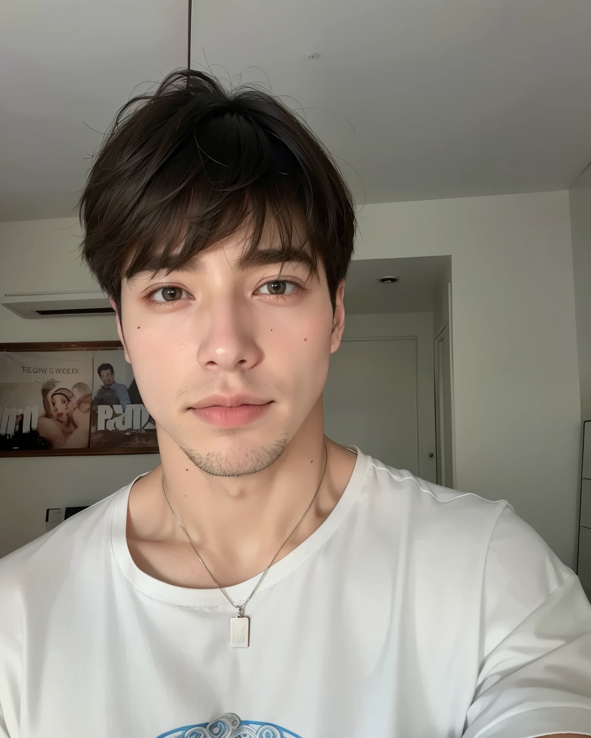 there is a man with a necklace on his neck and a white shirt, very very low quality picture, perfect face and boy, halfbody headshot, frontal picture, very high quality face, good looking face, attractive and good looking, clean shaven wide face, very very low quality, taken in the early 2020s, androgynous face