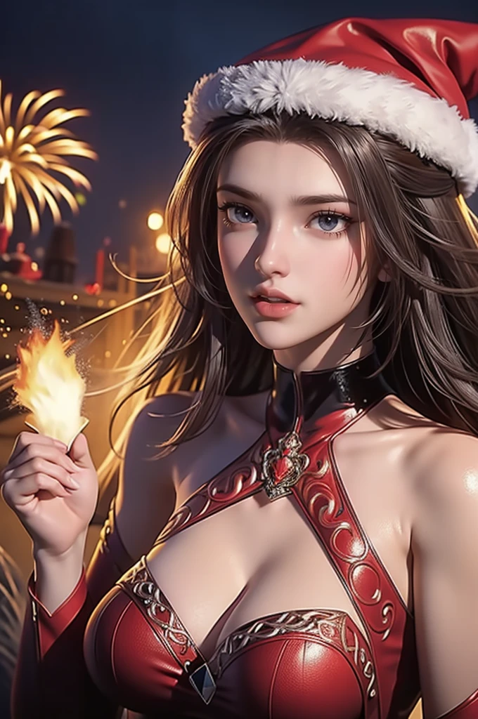masterpiece, high resolution, 4K, Practical, 1 beautiful woman, Put on a Santa Claus costume, Wearing a red Santa hat, Lively and warm, playing with fireworks, , fire