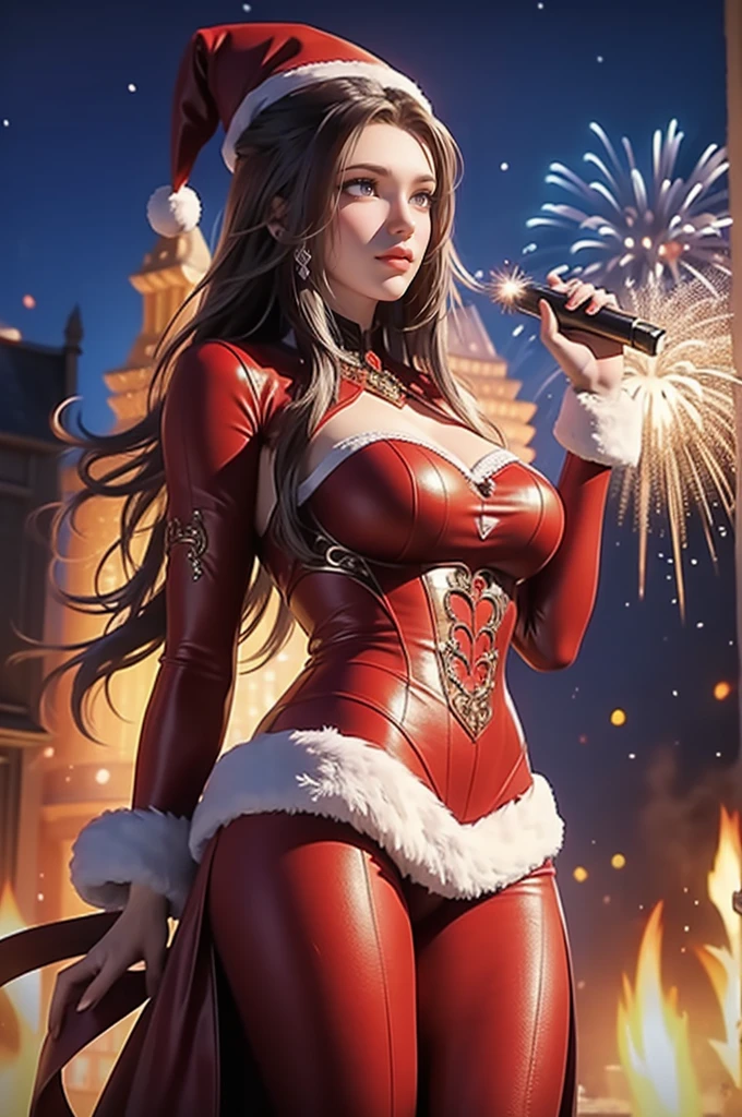 masterpiece, high resolution, 4K, Practical, 1 beautiful woman, Put on a Santa Claus costume, Wearing a red Santa hat, Lively and warm, playing with fireworks, , fire