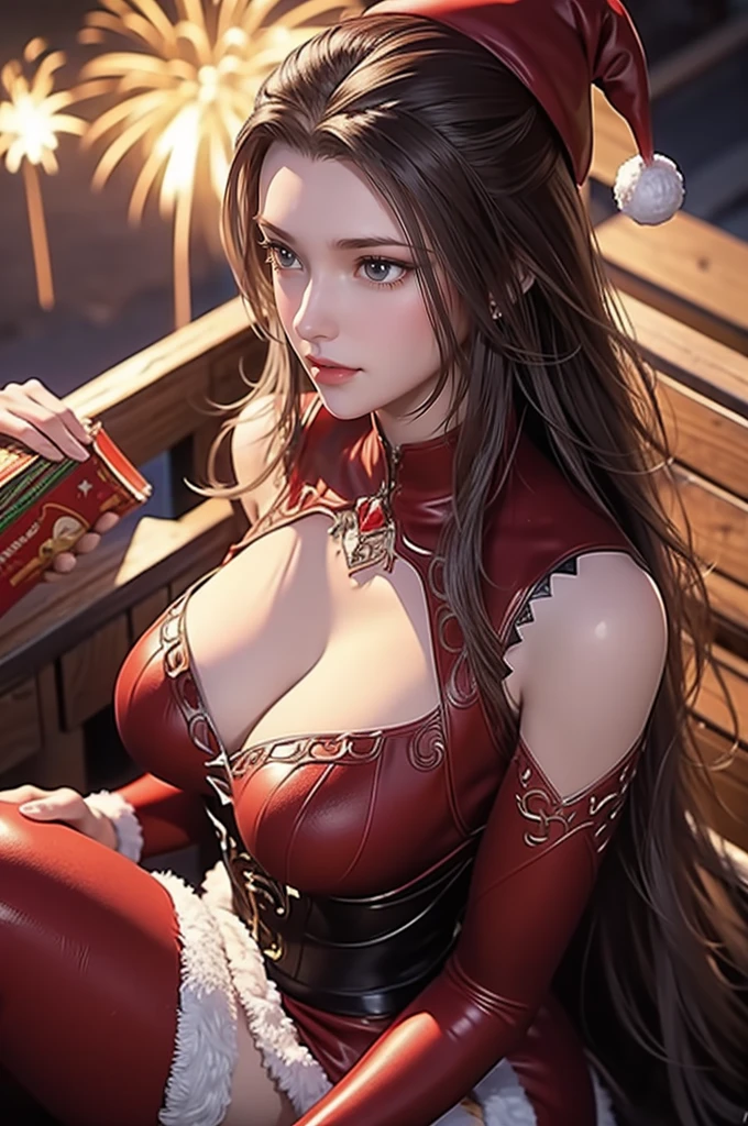 masterpiece, high resolution, 4K, Practical, 1 beautiful woman, Put on a Santa Claus costume, Wearing a red Santa hat, Lively and warm, playing with fireworks, , fire