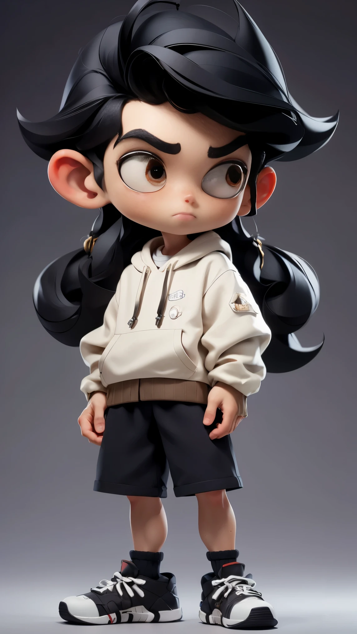 masterpiece, best quality, 8k, cinematic light, ultra high res, chibi, 1boy, shorts, black hair, long hair, white sweater is a bit old, shoes, brown eyeull body:1.2), freckles, standing,