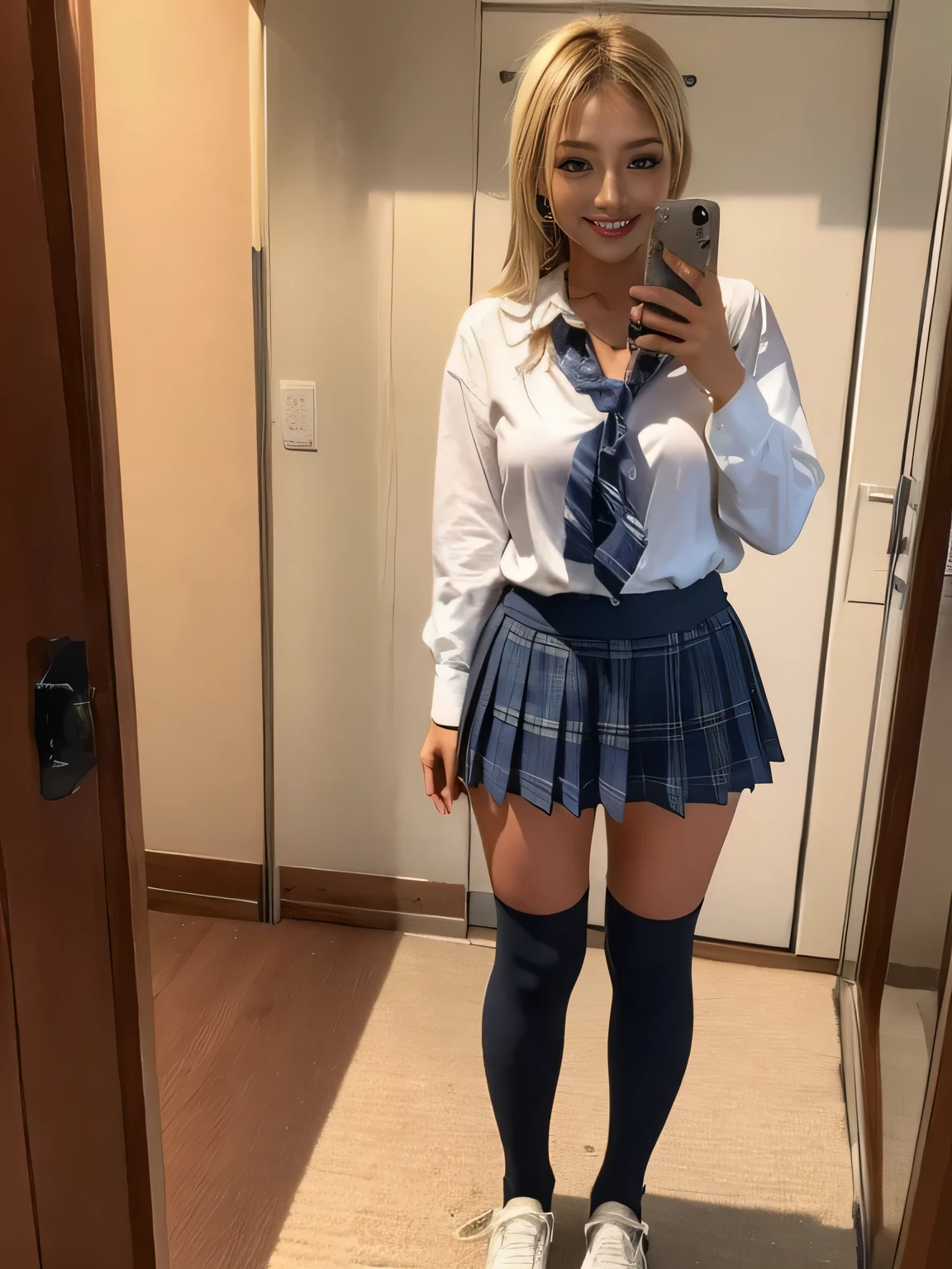Stand facing forward,The whole body is visible,stand facing the camera,The whole body is captured on camera,(highest quality, 4K, High resolution:1.1), Blonde, Japanese Gal, (Anatomically correct:1.1), 18-year-old, smile, Short skirt, dark blue plaid skirt, Red Check Skirt, Brown Loafers, Black shoes, Japanese Sailor Suit, White blouse, ribbon, Dark blue socks.