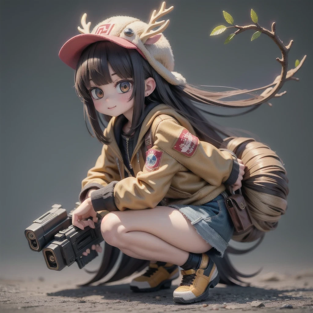 (masterpiece, best quality:1.2), 1girl, ((masterpiece, highest quality, Highest image quality, High resolution, photorealistic, Raw photo, 8K)), Retro Game, Nintendo, SEGA, Namco, Cyberpunk 1:25 miniatures，illustration，Side viewing angle，（（Side viewing angle）），Wear gold wire-rimmed reflective sunglasses，Carry future weapons，very happy，Side viewing angle，whole body，three-dimensional，octane rendering，Perfect face，Collagen texture((flowing hair))（（Elunchun Deer Antler Hat））