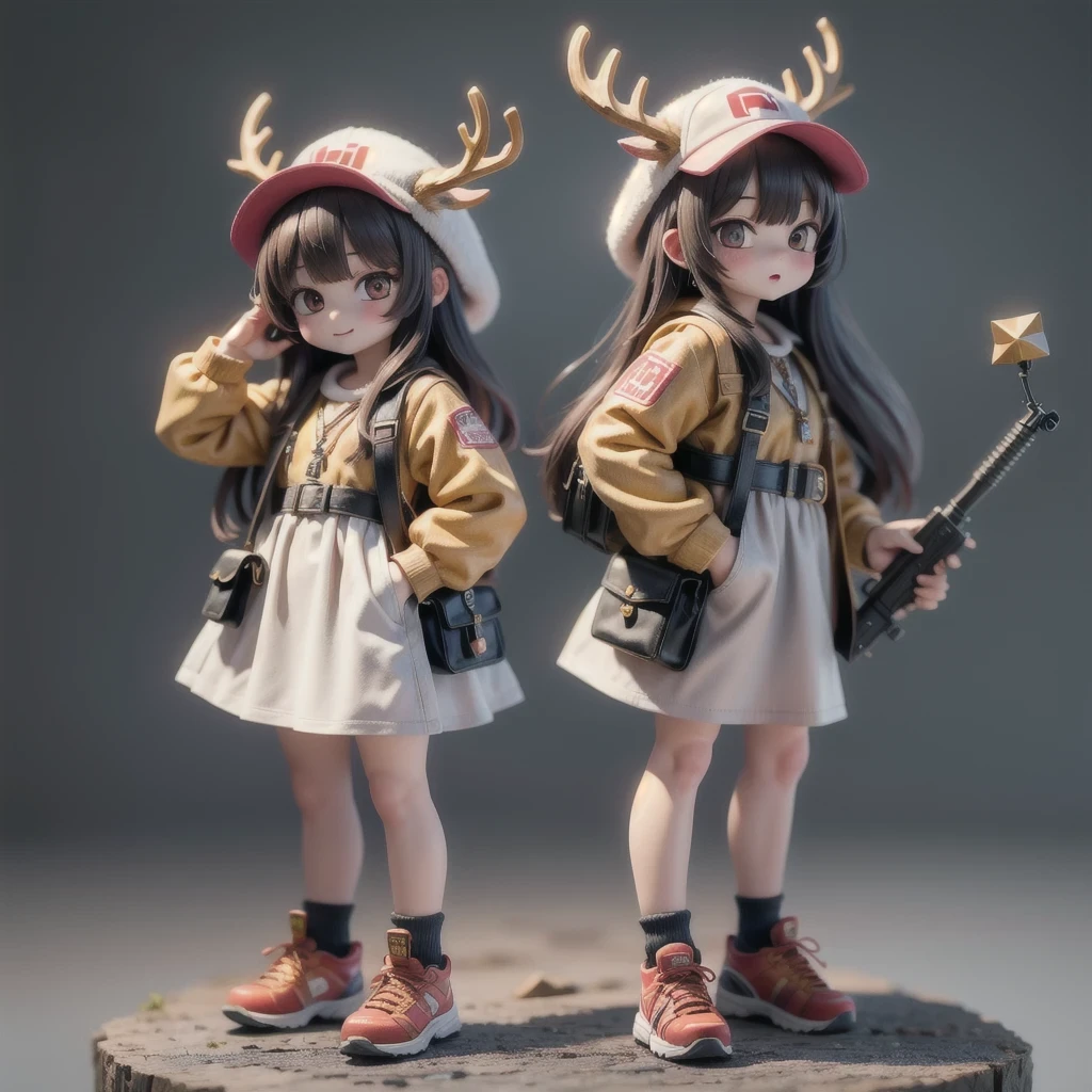 (masterpiece, best quality:1.2), 1girl, ((masterpiece, highest quality, Highest image quality, High resolution, photorealistic, Raw photo, 8K)), Retro Game, Nintendo, SEGA, Namco, Cyberpunk 1:25 miniatures,illustration,Side viewing angle,((Side viewing angle)),Wear gold wire-rimmed reflective sunglasses,Carry future weapons,very happy,Side viewing angle,whole body,three-dimensional,octane rendering,Perfect face,Collagen texture((flowing hair))((Elunchun Deer Antler Hat))