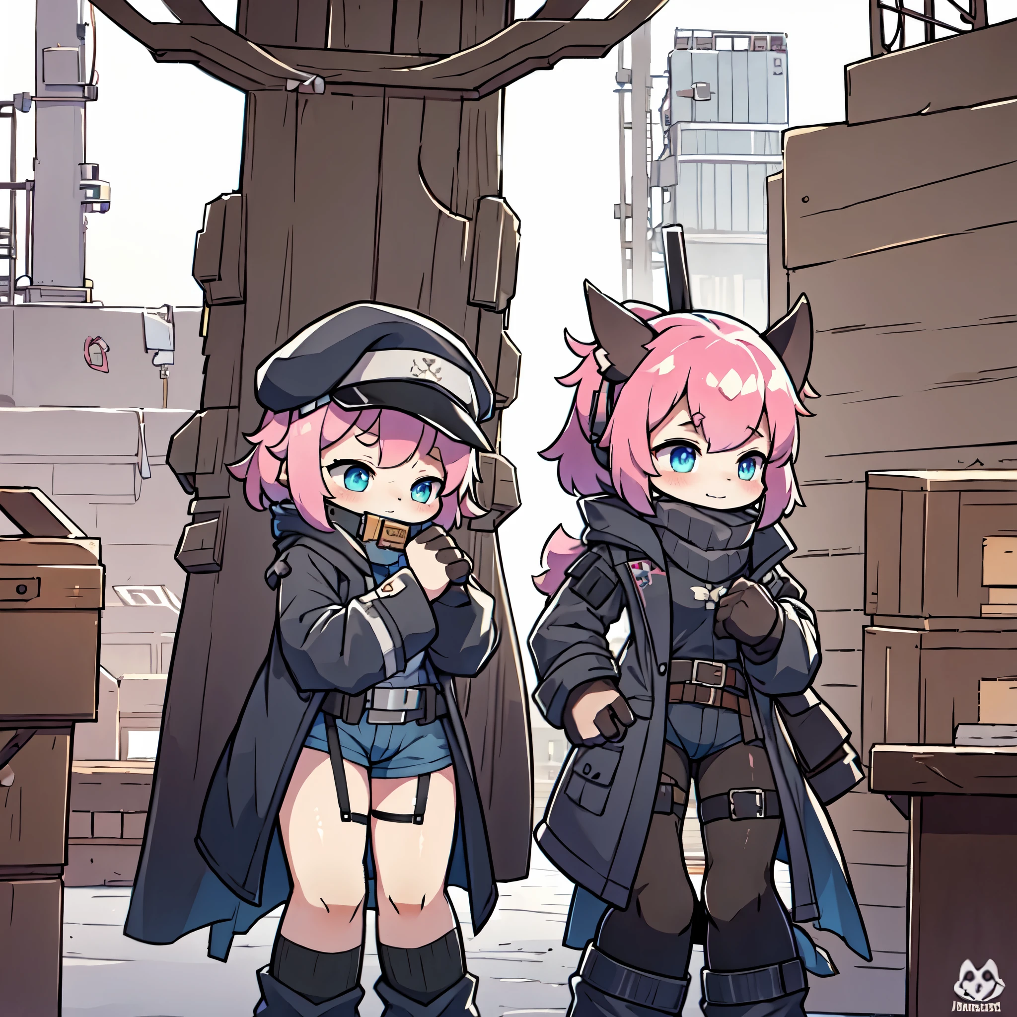 Kawaii, pink striped Fluffy Fox, Pink hair, left eye is red, right eye is blue, heterochromia, Solo, on the night deserted city with ruins and snowing followed Cold weather, synthetic tissue skin, cybernetic prosthetics, cybernetical servo prosthetic legs, digital headphone with HUD, mech suit, mech body parts, cybernetical prosthetic arms, over-sized long blouse with ribbons, thigh-high-socks, shorts, Grey long Sleeve loose Military hood jacket, tactical gun holsters in thigh, Mechanical boots, metallic knee pads, tactical belted loose Arm Sleeves, Digital Screened gloves, chest rigs, tactical belts, Blue archive halo, Submachine Gun holded on left hand, bulletproof goggles, respirators on the neck, baseball hat,