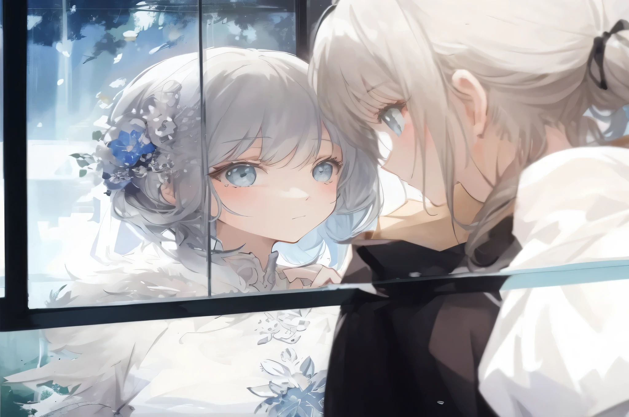 Anime-style image of a couple looking in the mirror, Gweitz, artwork in the style of Gweitz, Gweitz on pixiv artstation, Gweitz on artstation pixiv, Gweitz masterpiece, artstation pixivでトレンド, From Girls Frontline, white haired girl, Gray-haired woman, Beautiful anime artwork
