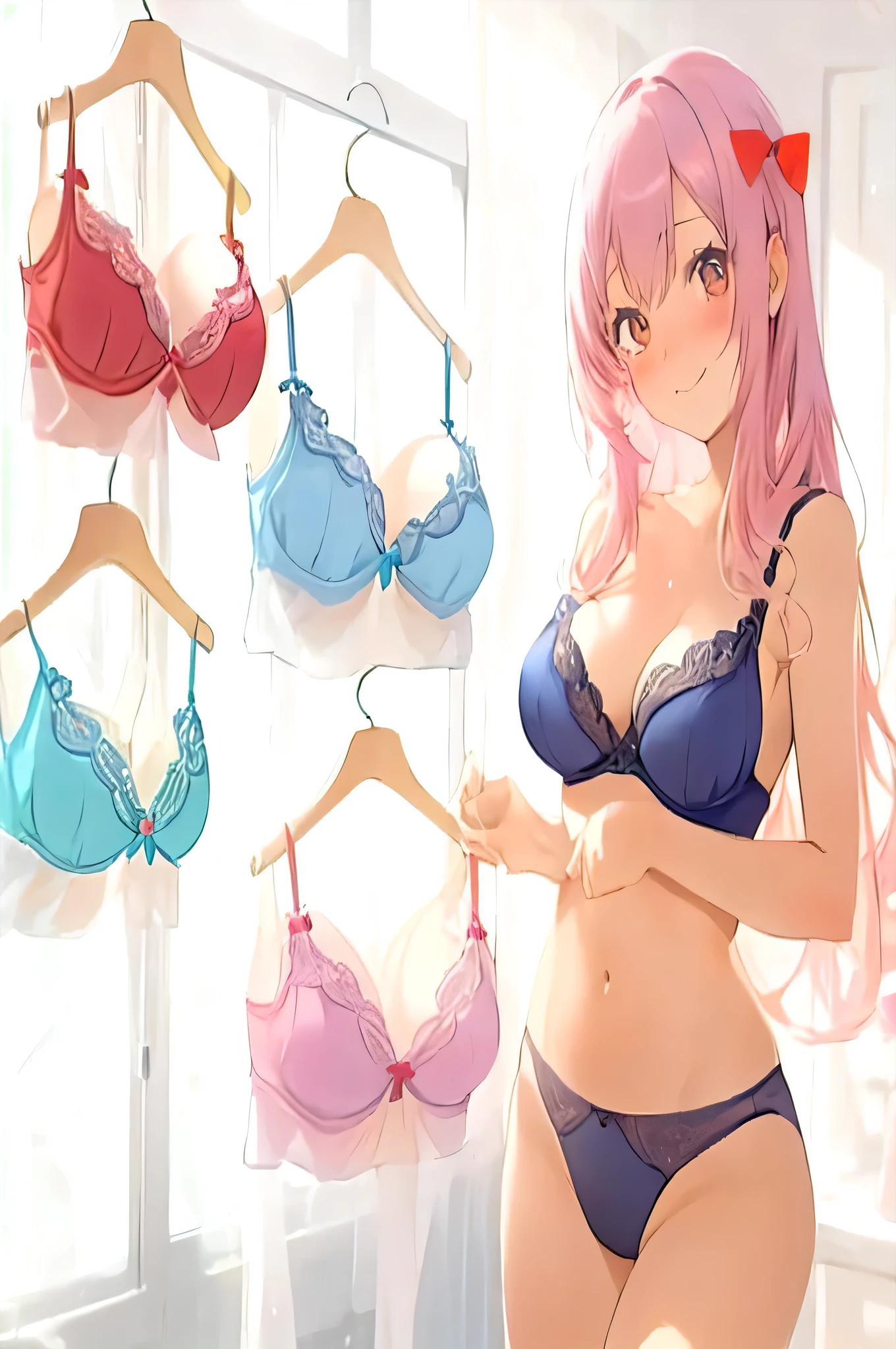 A woman in lingerie stands in front of a rack of bras, Fascinating Anime Girls, Naughty, Attractive Anime Girls, anime best girl, Anime Girls, Gweitz, Beautiful Anime Girls, tits, lingerie!!, Naughty anime style, Naughty style, Beautiful and attractive anime woman, lingeries beauty, Cute Anime Girls