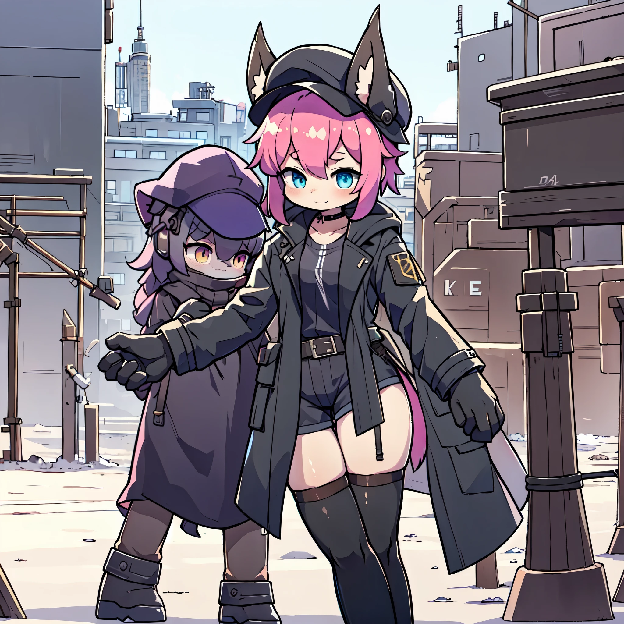 Kawaii, pink striped Fluffy Fox, Pink hair, left eye is red, right eye is blue, heterochromia, Solo, on the night deserted city with ruins and snowing followed Cold weather, synthetic tissue skin, cybernetic prosthetics, cybernetical servo prosthetic legs, digital headphone with HUD, mech suit, mech body parts, cybernetical prosthetic arms, over-sized long blouse with ribbons, thigh-high-socks, shorts, Grey long Sleeve loose Military hood jacket, tactical gun holsters in thigh, Mechanical boots, metallic knee pads, tactical belted loose Arm Sleeves, Digital Screened gloves, chest rigs, tactical belts, Blue archive halo, Submachine Gun holded on left hand, bulletproof goggles, respirators on the neck, baseball hat,