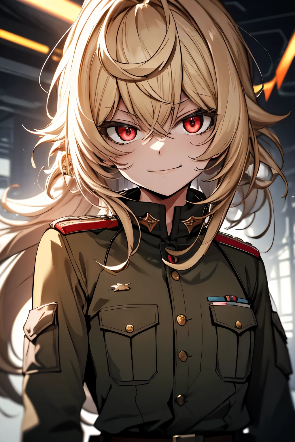 (masterpiece, best quality: 1.1), 1girl solo, tanya, 1girl, solo, , flat chest, small breasts, curvy, military, military uniform, ,, evil smile, wicked expression, anger, red eyes, neutral lighting