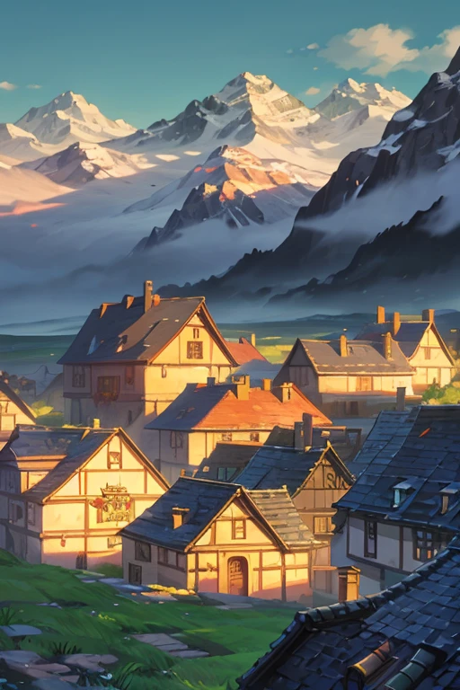 fantasy world, estilo isekai de anime, aldea en las montaras, estilo pixel art, estilo video juego