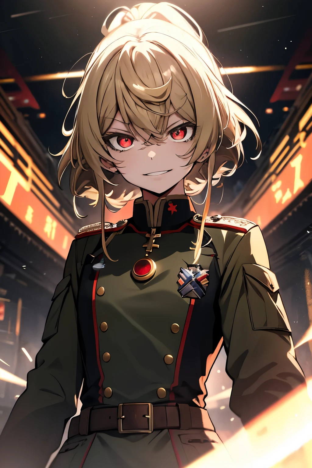 (masterpiece, best quality: 1.1), 1girl solo, tanya, 1girl, solo, , flat chest, small breasts, curvy, military, military uniform, ,, evil smile, wicked expression, anger, red eyes, neutral lighting