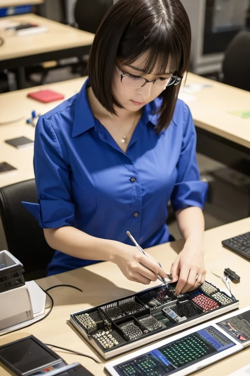 A woman in work clothes assembling electronic components　More than one person