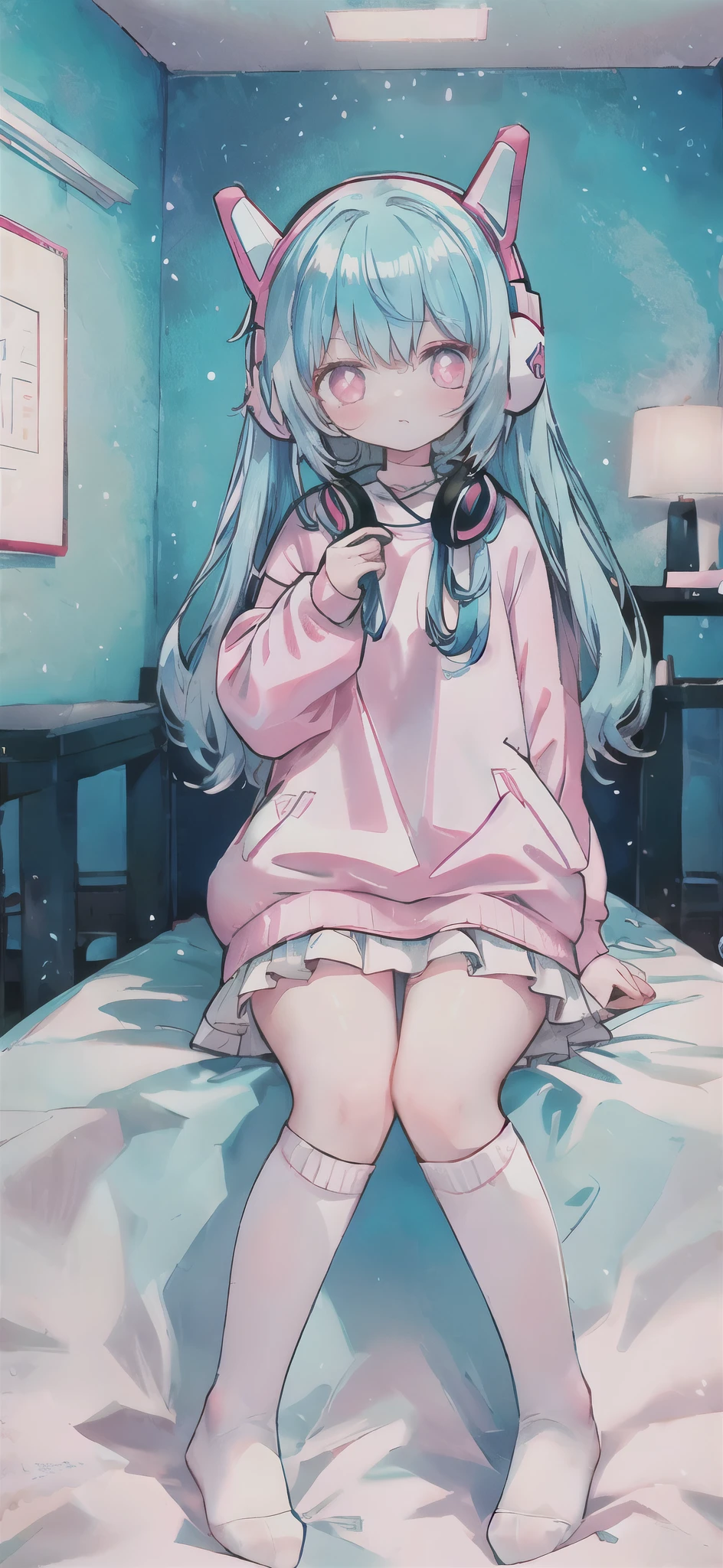 ，White knee socks，Long light blue hair，Pink and white sweatshirt，pink eyes，Blue headphones