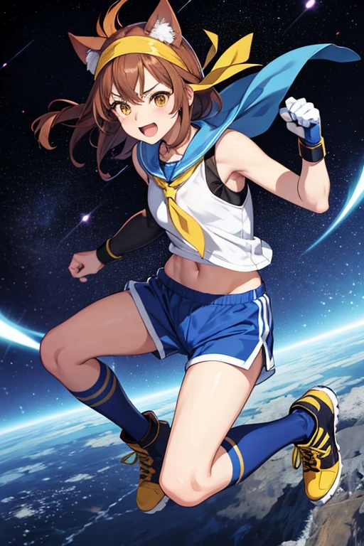 Anime Art、Space SF fighter、Full body portrait、A woman with cat ears, about 155cm tall, about 26 years old, wearing a blue sailor suit and shorts, attacks someone.、Short brown hair、Yellow Eyes、Laughing with mouth open、Boxing gloves、Wearing a bandana on his head、sports boots