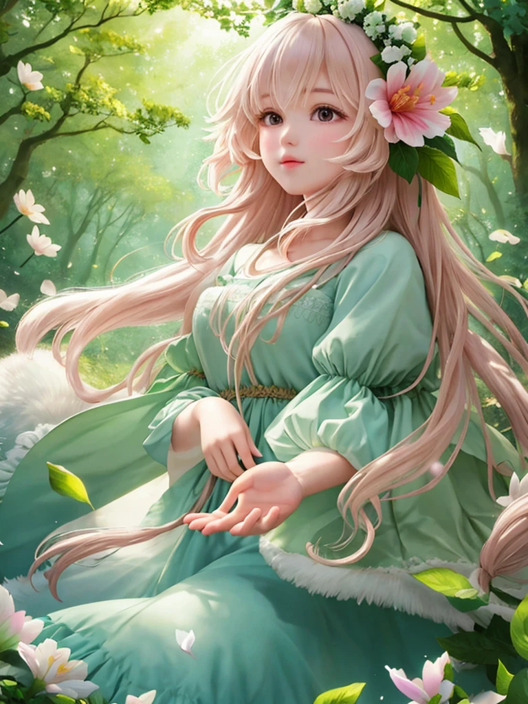 Girl with floating flowers in the forest, river, fluffy, fluffy cheeks, Lovely,
Vibrant colors, colorful art style, 
soft light, Soft shadows, Detailed texture, Dynamic Lighting,  
Beautiful hands, Perfect hands, 
