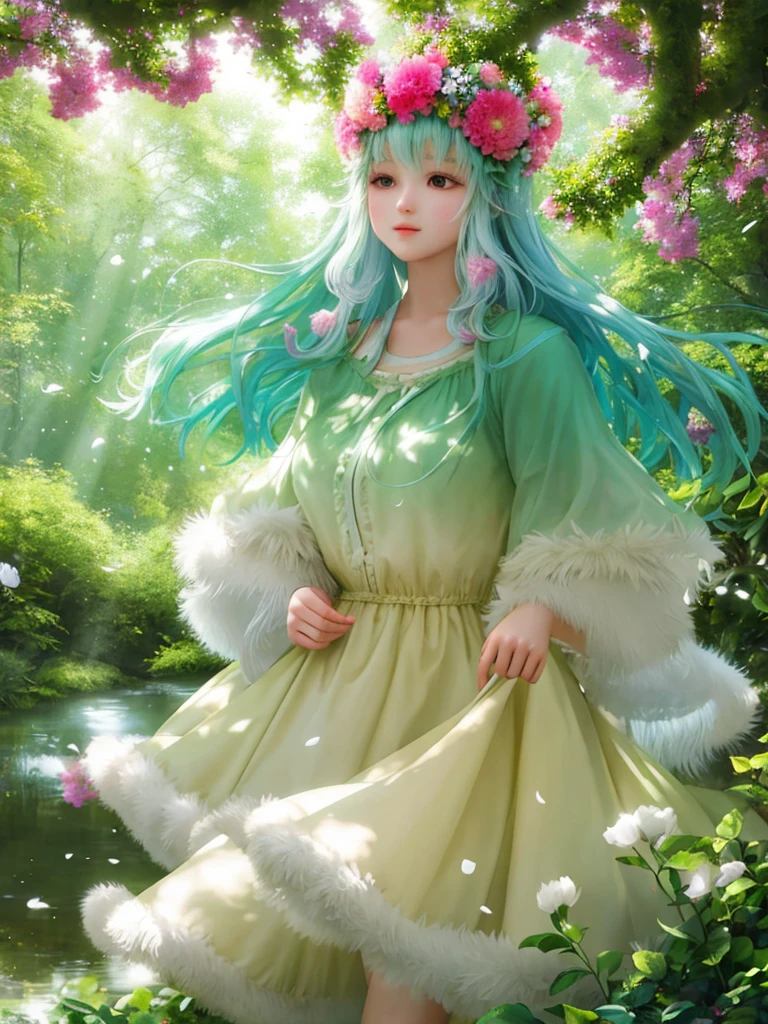 Girl with floating flowers in the forest, river, fluffy, fluffy cheeks, Lovely,
Vibrant colors, colorful art style,
soft light, Soft shadows, Detailed texture, Dynamic Lighting,
Beautiful hands, Perfect hands,