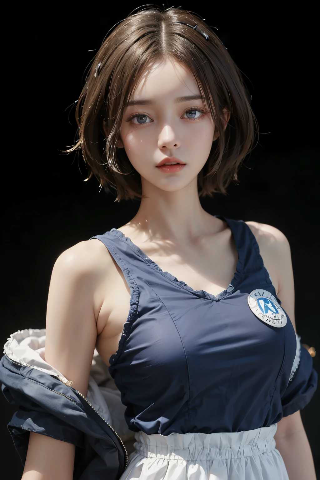 ((best quality)), ((masterpiece)), (detailed), perfect face, Girl robot, Wear company clothes, short hair, Only the right eye is blue, left eye is brown