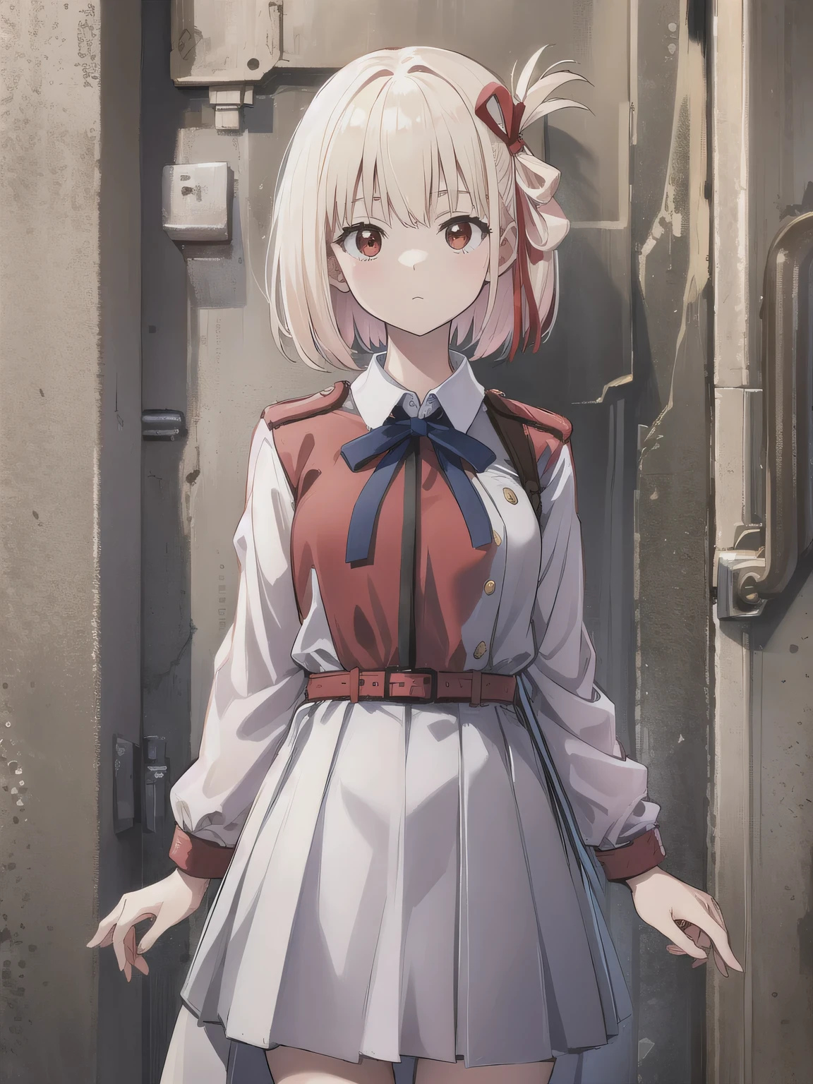 chisatonishikigi, nishikigi chisato, short hair, bangs, blonde hair, (red eyes:1.5), hair ribbon, one side up, bob cut,
BREAK shirt, long sleeves, dress, ribbon, white shirt, collared shirt, belt, neck ribbon, red dress, blue ribbon, pleated dress, grey dress, two-tone dress, red belt, lycoris uniform,,
BREAK outdoors, city,
BREAK looking at viewer, BREAK (masterpiece:1.2), best quality, high resolution, unity 8k wallpaper, (illustration:0.8), (beautiful detailed eyes:1.6), extremely detailed face, perfect lighting, extremely detailed CG, (perfect hands, perfect anatomy),