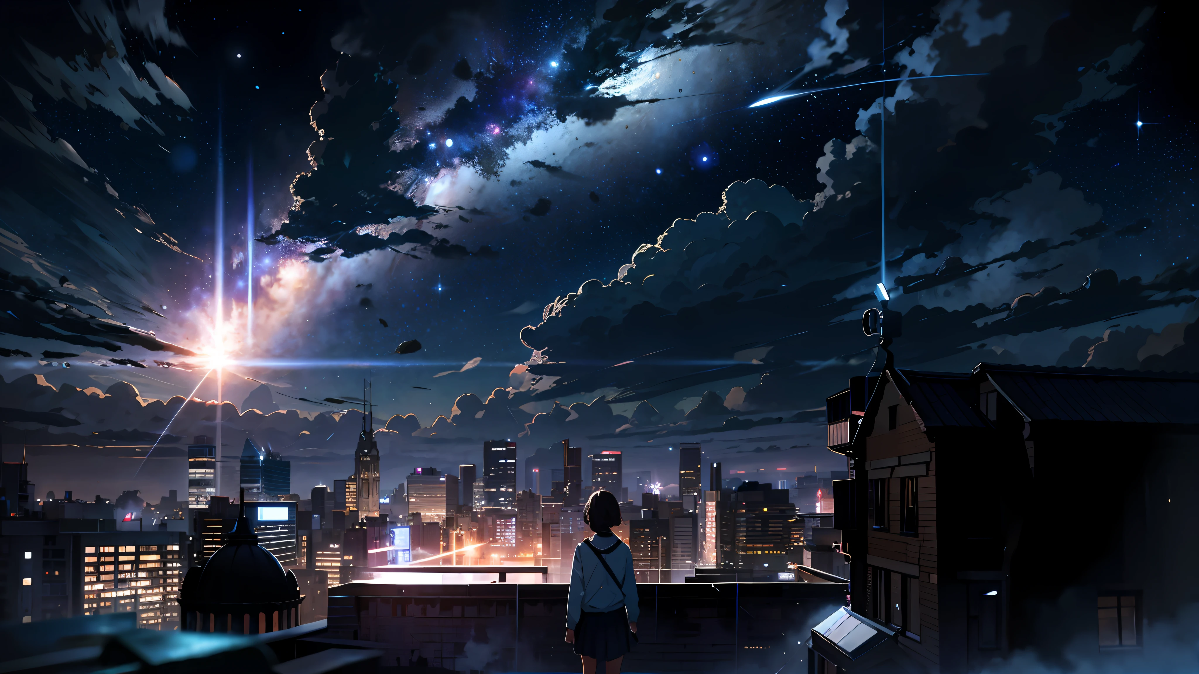 Outrageous resolution, high resolution, (masterpiece: 1.4), super detail, schoolgirl, space, floating, night, comet, glass shards, rain, light blue taste, night view, city, --v 6