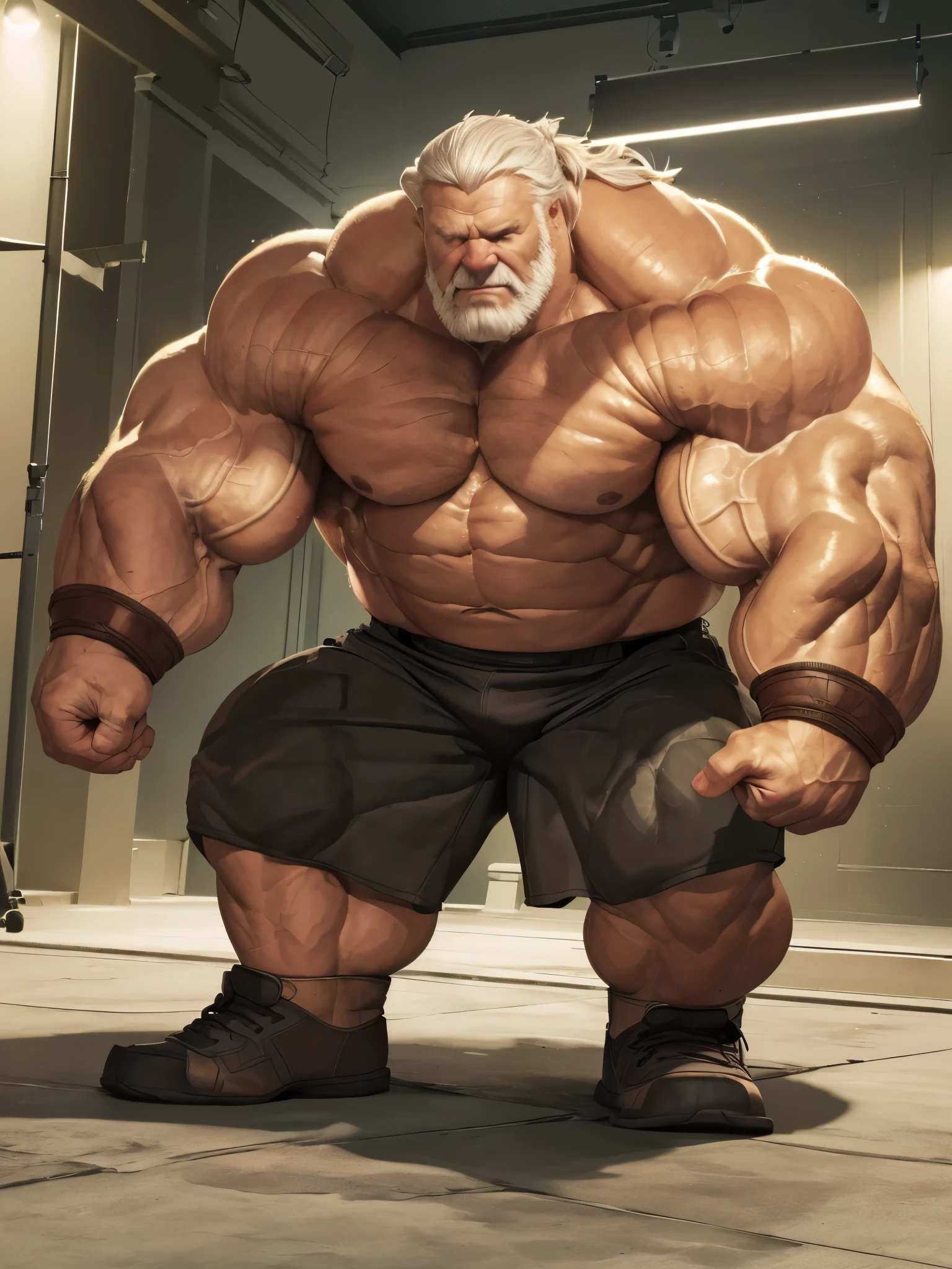 Wide medium shots, ground level camera shot, (best quality,4k,8k,highres,masterpiece:1.2),ultra-detailed,(realistic,photorealistic,photo-realistic:1.37),((massive muscular)) ((huge Muscular)) old man standing in photo studio, simple background,  shorts , white hair, super thick arms, super big pectoral, super wide pectoral, topless, shirtless. 