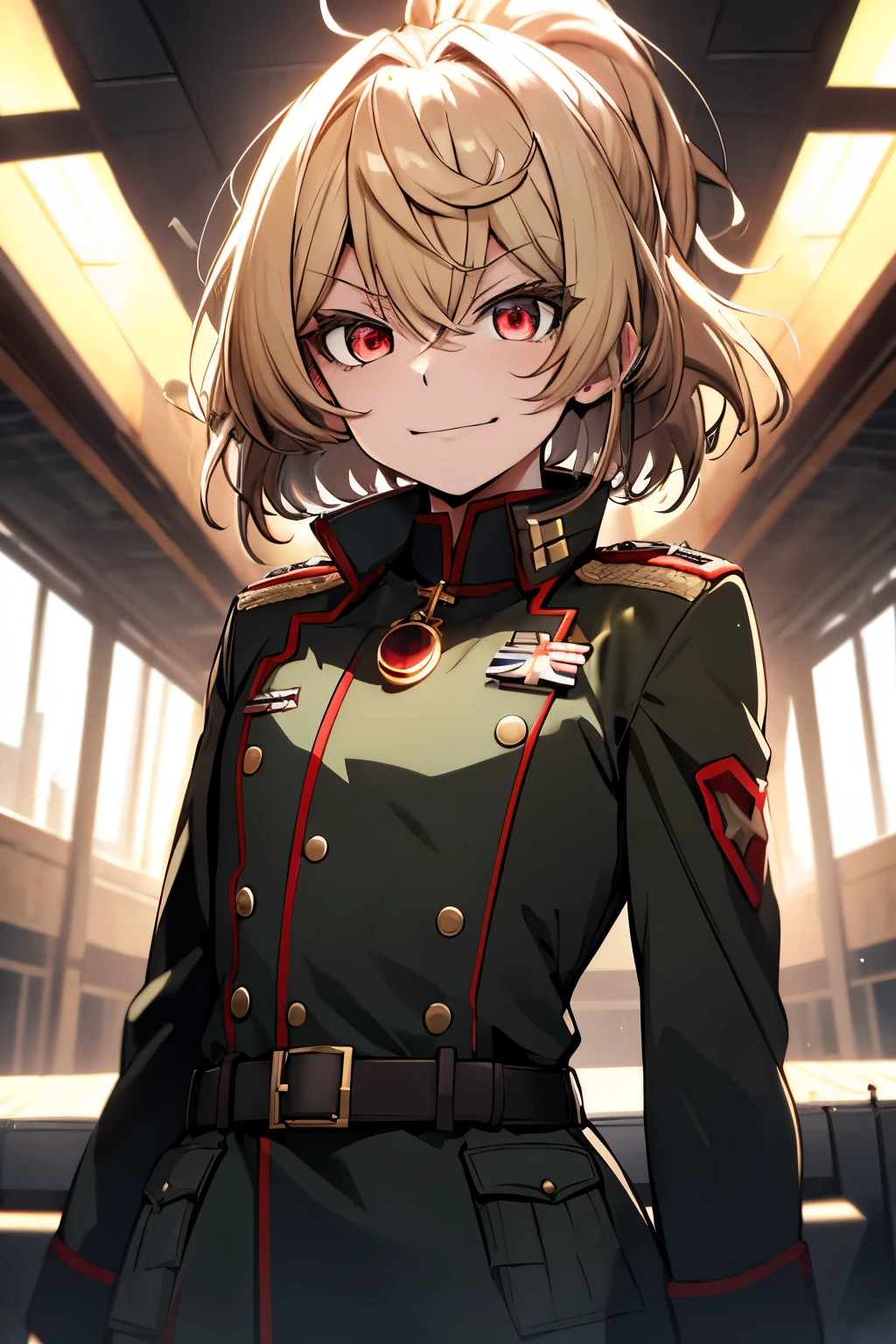 (masterpiece, best quality: 1.1), 1girl solo, tanya, 1girl, solo, , flat chest, small breasts, curvy, military, military uniform, ,, evil smile, wicked expression, anger, red eyes, neutral lighting