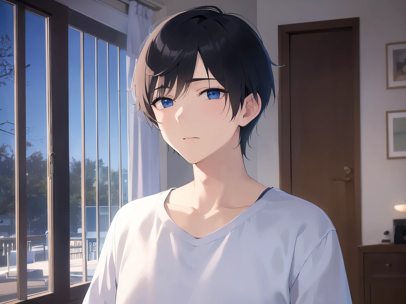 masterpiece、highest quality、(25-year-old male:1.5) and (Black short hair) and (blue eyes), White T-shirt、Are standing、sad, The background is the living room at night、illumination、(Alone:1.5)、