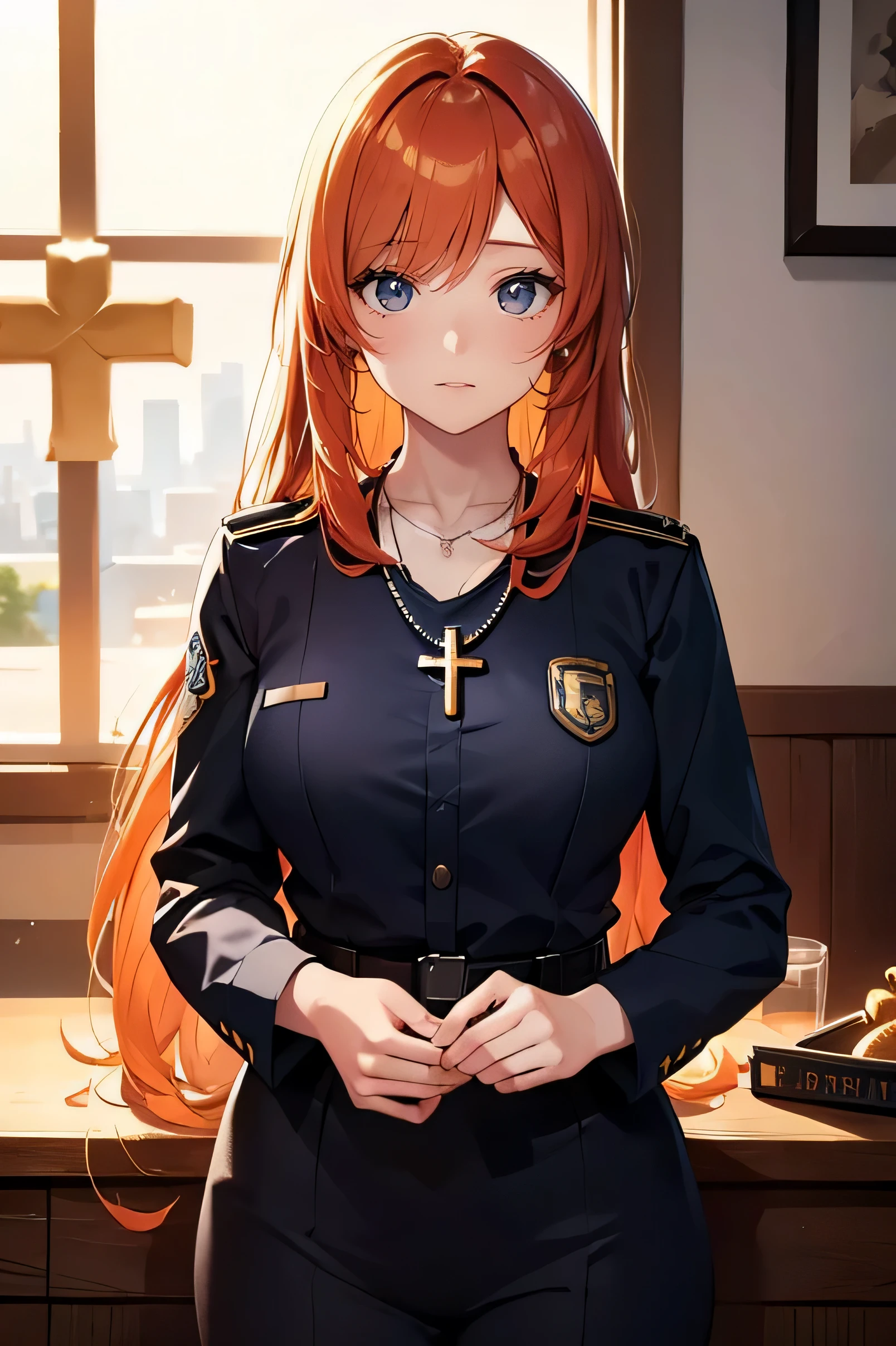 Ginger hair, long hair, straight bangs, police officer, police uniform, woman, illustrations, high-quality, ultra-detailed, realistic, vivid colors, portraits, warm tones, soft lighting. ((Necklace with a cross)) Crouched down.( Patrolling)