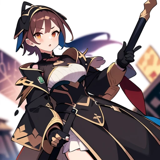 colorful , masterpiece, best quality, 1girl, weapon, solo, fantasy weapon, ((blurry background)), orange, green, violet, brown, white, (((low detail background))), dutch angle,