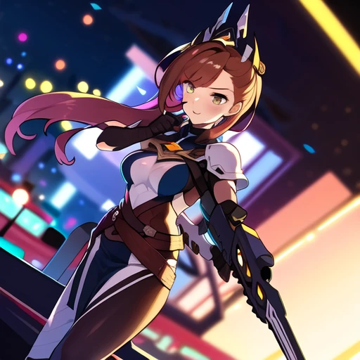 colorful , masterpiece, best quality, 1girl, weapon, solo, fantasy weapon, ((blurry background)), orange, green, violet, brown, white, (((low detail background))), dutch angle,