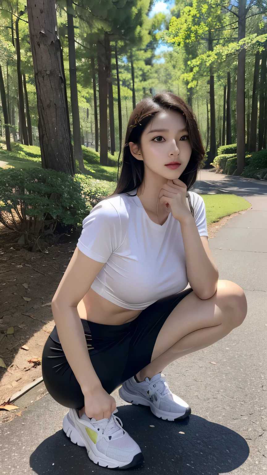 1girl, solo, Korean model girl, 30 years old, plumpy body, medium breast, beautiful face, tight sporty shirt, sporty pant, sneakers, run slowly in the city forest, wet skin, sweating body, city forest background, black hair, messy hair, eye reflection, makeup, mid body photo, shy, Surrealism, ray tracing, masterpiece, ccurate, anatomically correct, textured skin, super detail, high quality, 4K