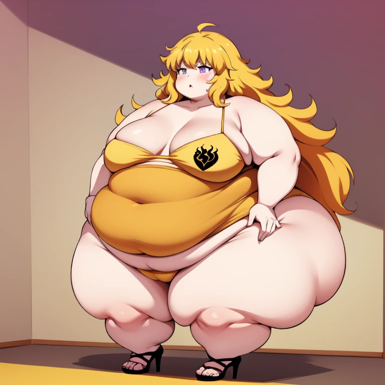 1girl, bottom-heavy figure, ((((incredibly big booty)))), ((((big ass)))), (((small chest))), plump, incredibly plump, (big belly), pout, embarassed, wide, (((obese))), (((fat))), ((love handles)), (((flat chest))), double chin, out of shape, obese, fatty, tall woman, ((milf)), big height, mature, standing, full body, bbw, ssbbw, yang xiao long, purple eyes, blonde hair, long hair, yellow bikini, high heels