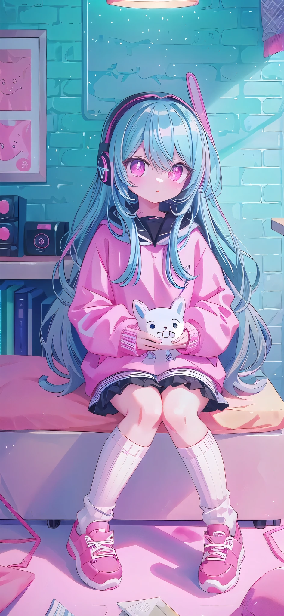 ，White knee socks，Long light blue hair，Pink and white sweatshirt，pink eyes，Blue headphones